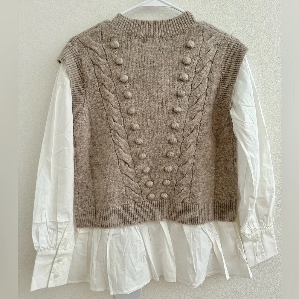 NEW Fate Tan Crew Neck Cable Knit Sweater Vest with Attached white Blouse - Picture 4 of 7